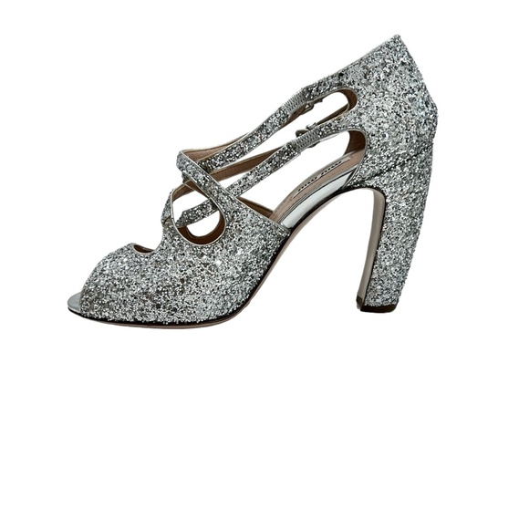 MIU MIU SILVER GLITTER OPEN TOE 2 STRAP CRISS CROSS 4" HEEL SANDALSl - Picture 14 of 16